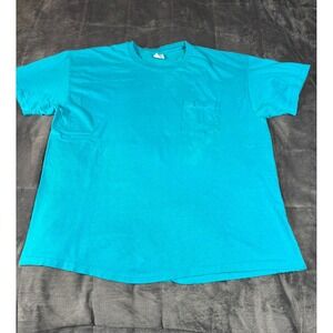 Hanes Vintage Mens XL Turquoise Blue Pocket T-Shirt 100% Cotton Made in USA 5514